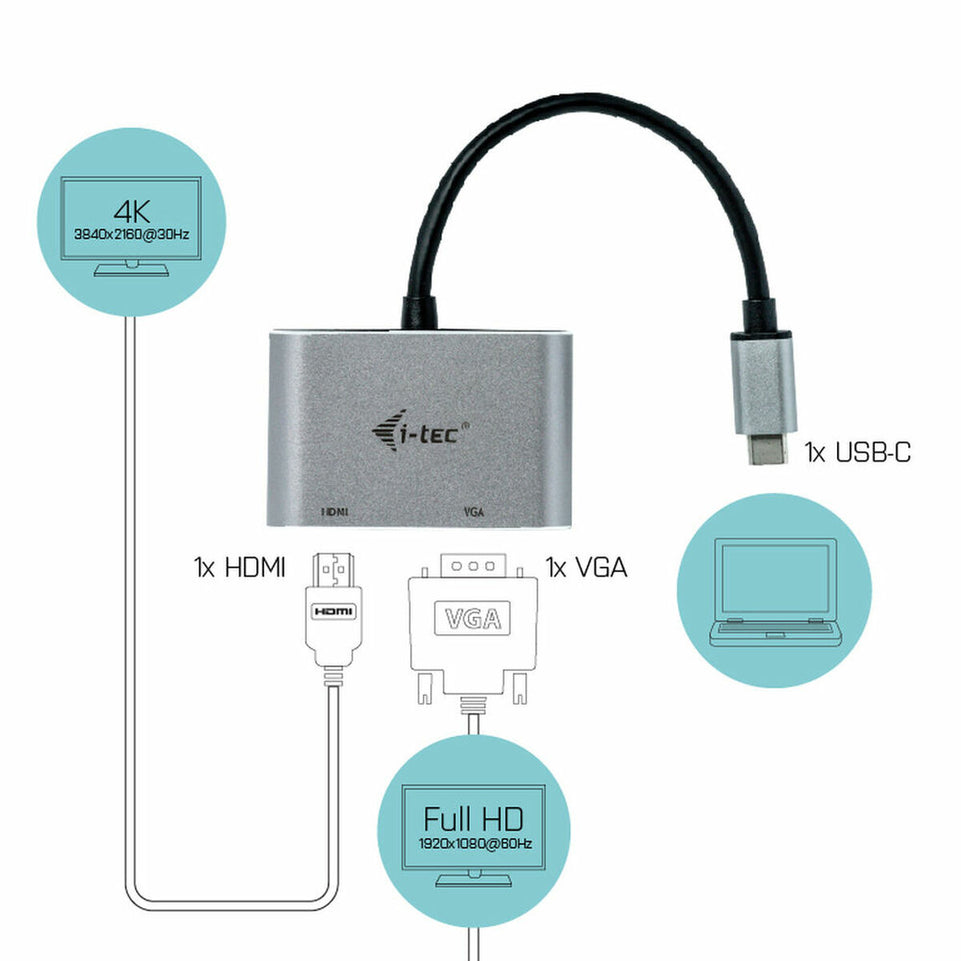 Adapter USB C naar VGA/HDMI i-Tec C31VGAHDMIADA 4K Ultra HD 0,15 m