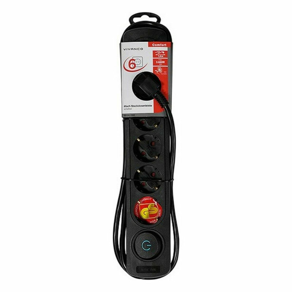 Stopcontactenstrip 6 Tomas met Interruptor Vivanco 37648 1,4 m Zwart